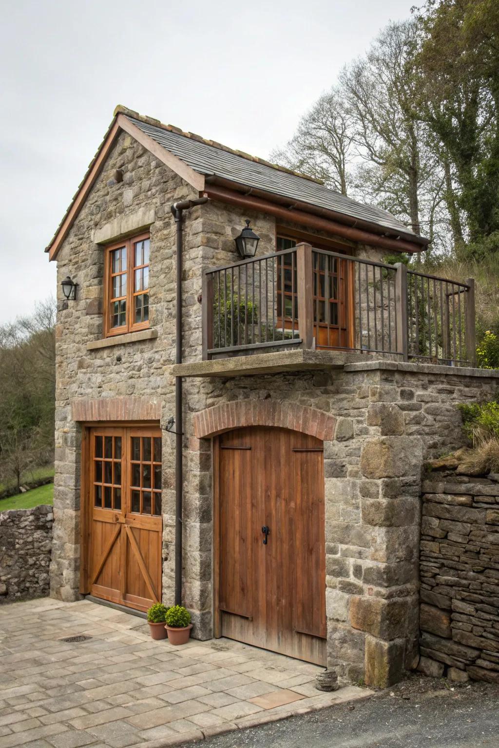 A loft adds functionality and style to the stone garage.