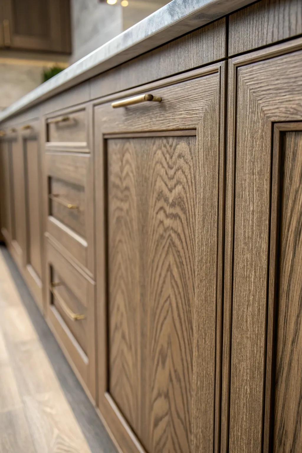 Textured surfaces add depth and interest to dark beige cabinets.