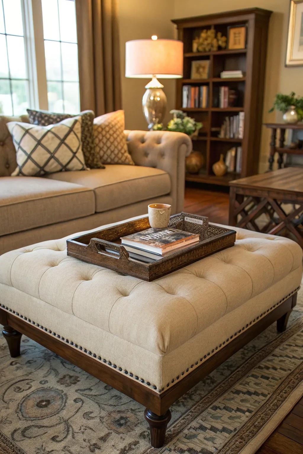 A plush ottoman doubles as a stylish and cozy coffee table.