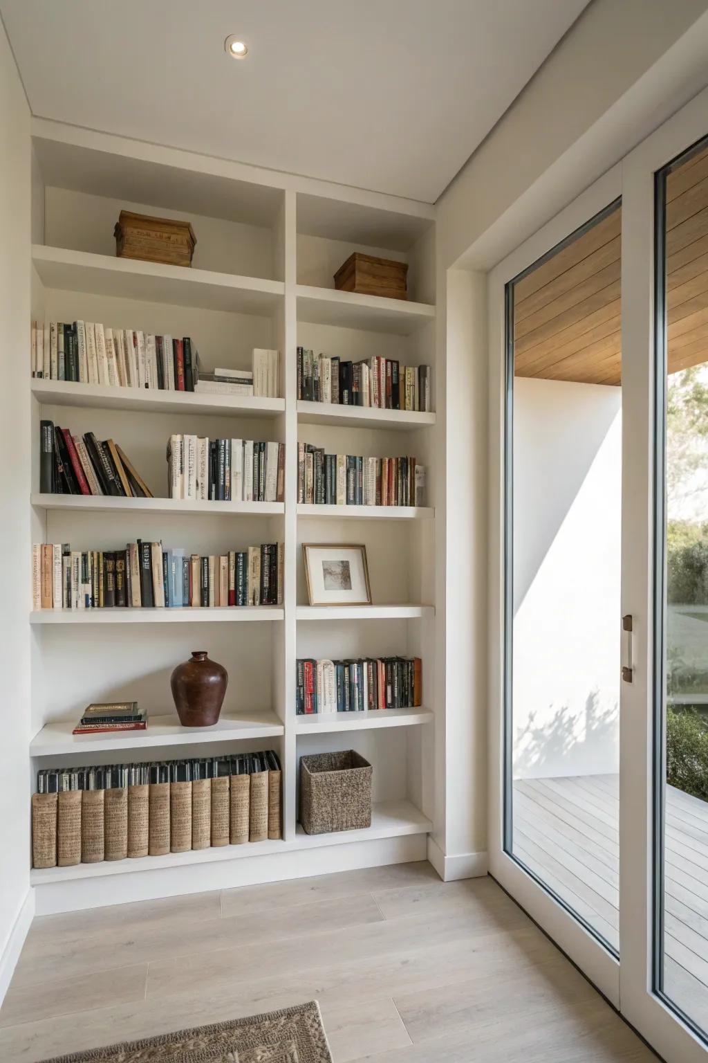 Minimalist shelves create a tranquil reading space.