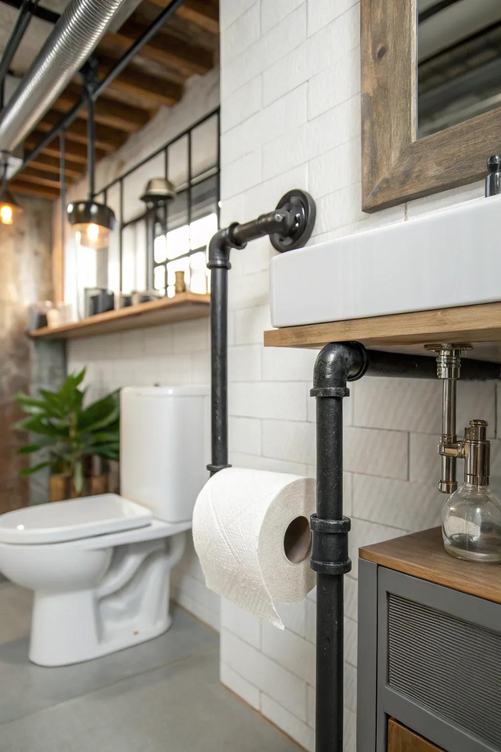 Industrial pipes offer a striking, minimalist touch to any modern bathroom.
