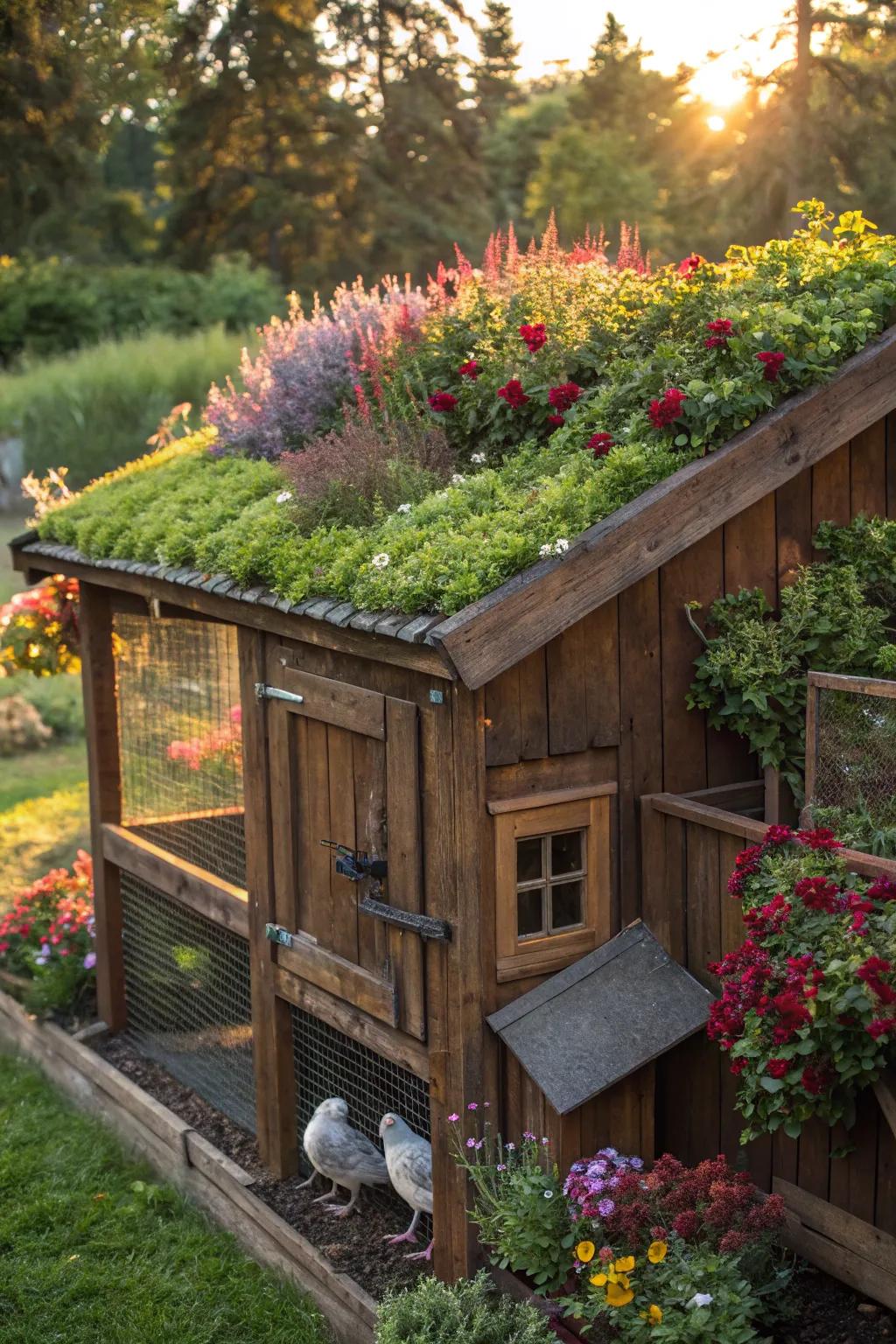 Elevate your coop game with a vibrant garden roof that delights both eyes and chickens.