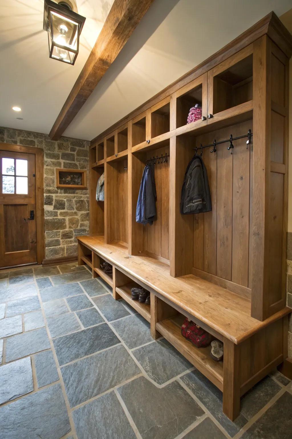 Warmth and nature combine in this mudroom with wooden cubbies.