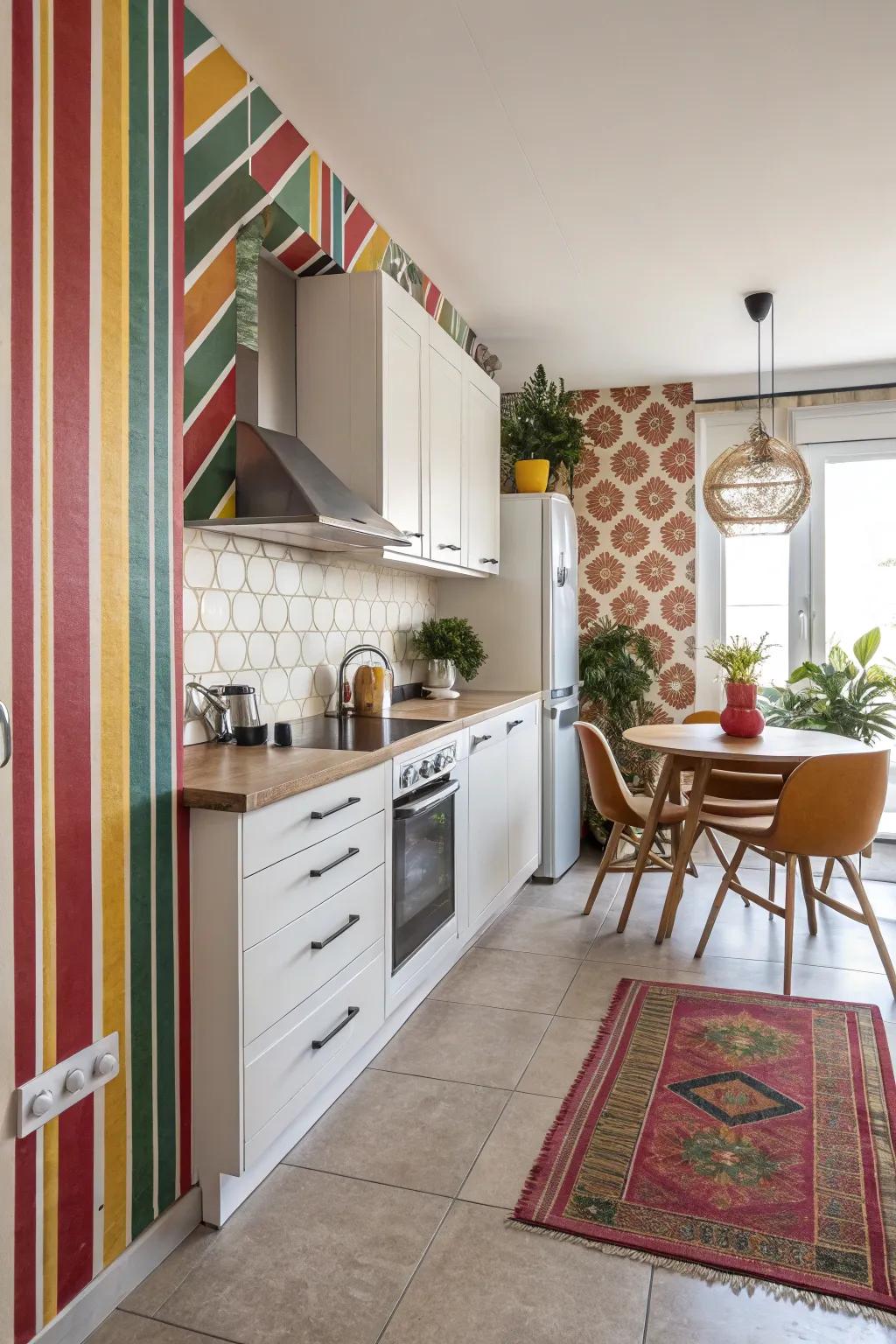 Funky patterned accent wall in a lively kitchen.
