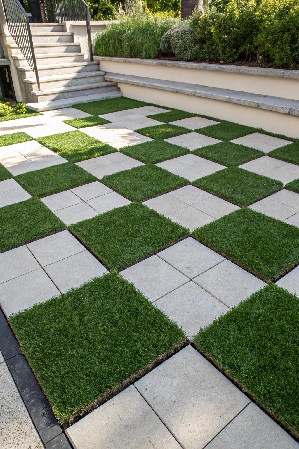 Transform your patio into a modern masterpiece with a striking checkerboard design.