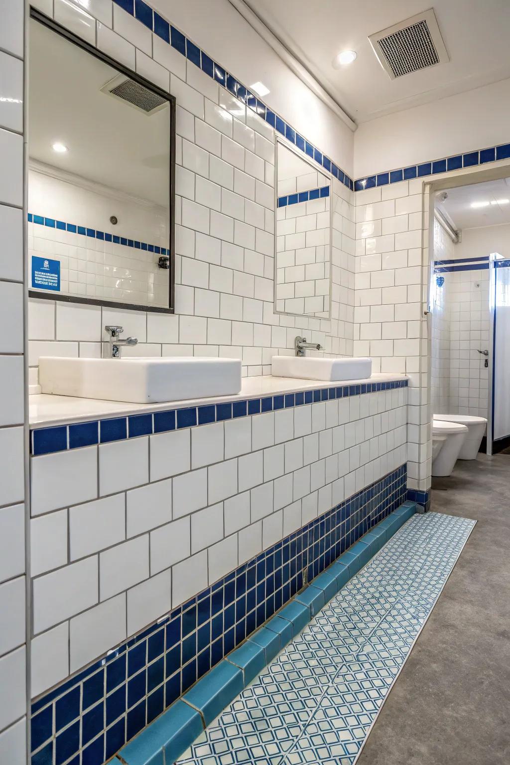 Blue grout provides a subtle yet sophisticated touch.