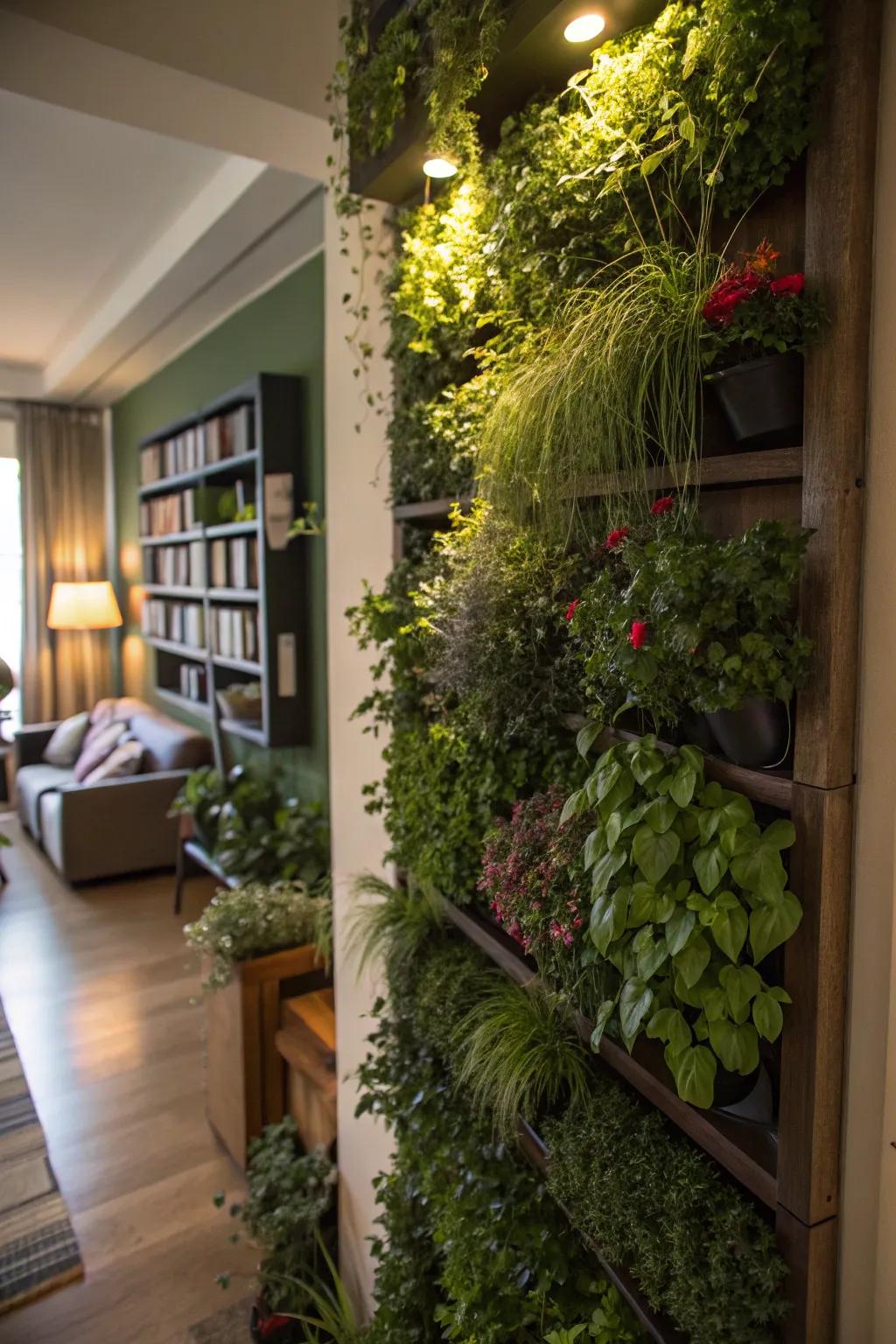 A vibrant vertical garden wall enhances apartment living.