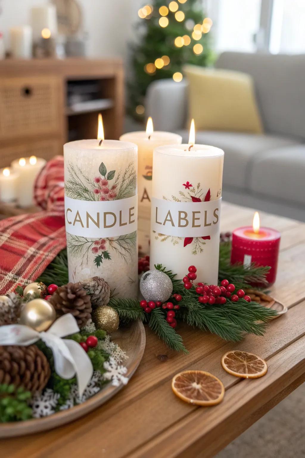 Customized candles with personalized labels, perfect for creating a cozy holiday ambiance.