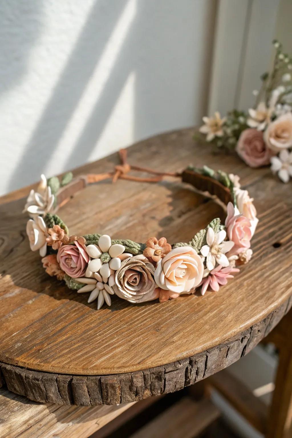 Embrace boho elegance with a handcrafted clay flower crown, perfect for your next festival look.