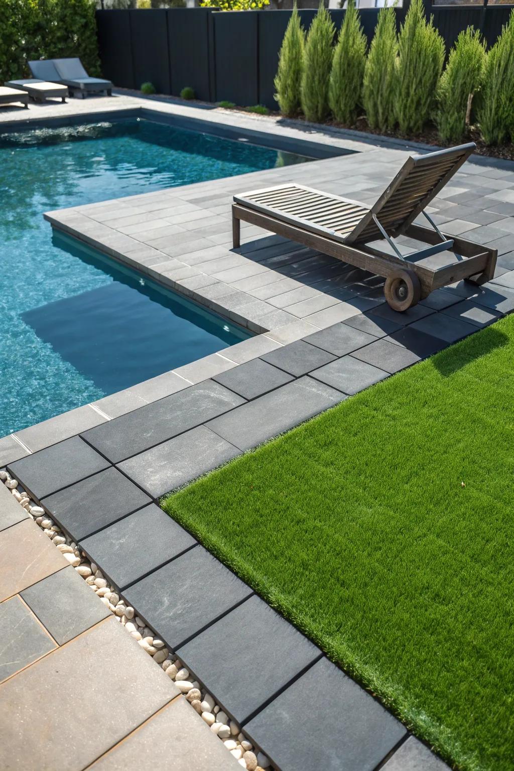 Elevate your poolside with the perfect blend of style and functionality: artificial grass and pavers for a slip-resistant, modern look.