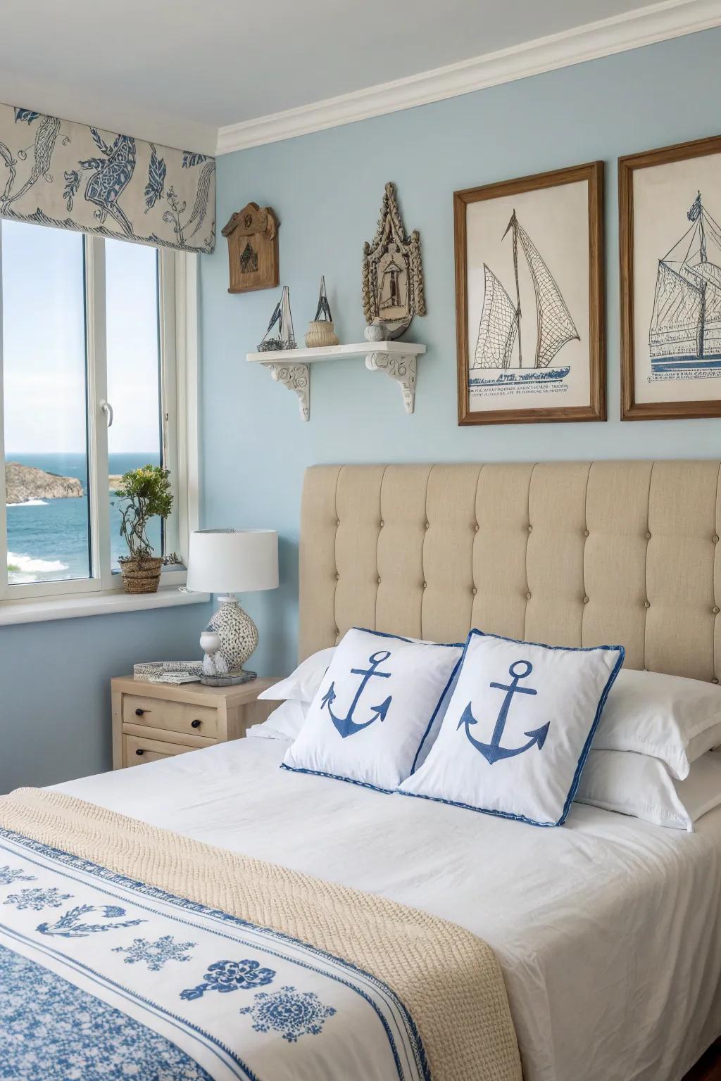 Coastal vibes are brought to life with this beige headboard and nautical decor.