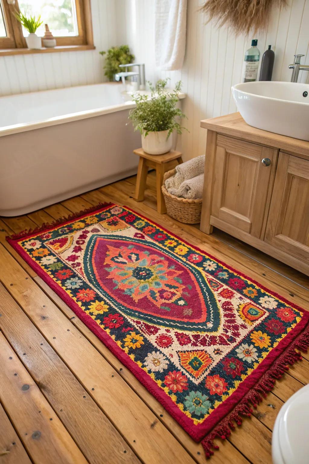 A vibrant bohemian rug adds a splash of color and warmth.