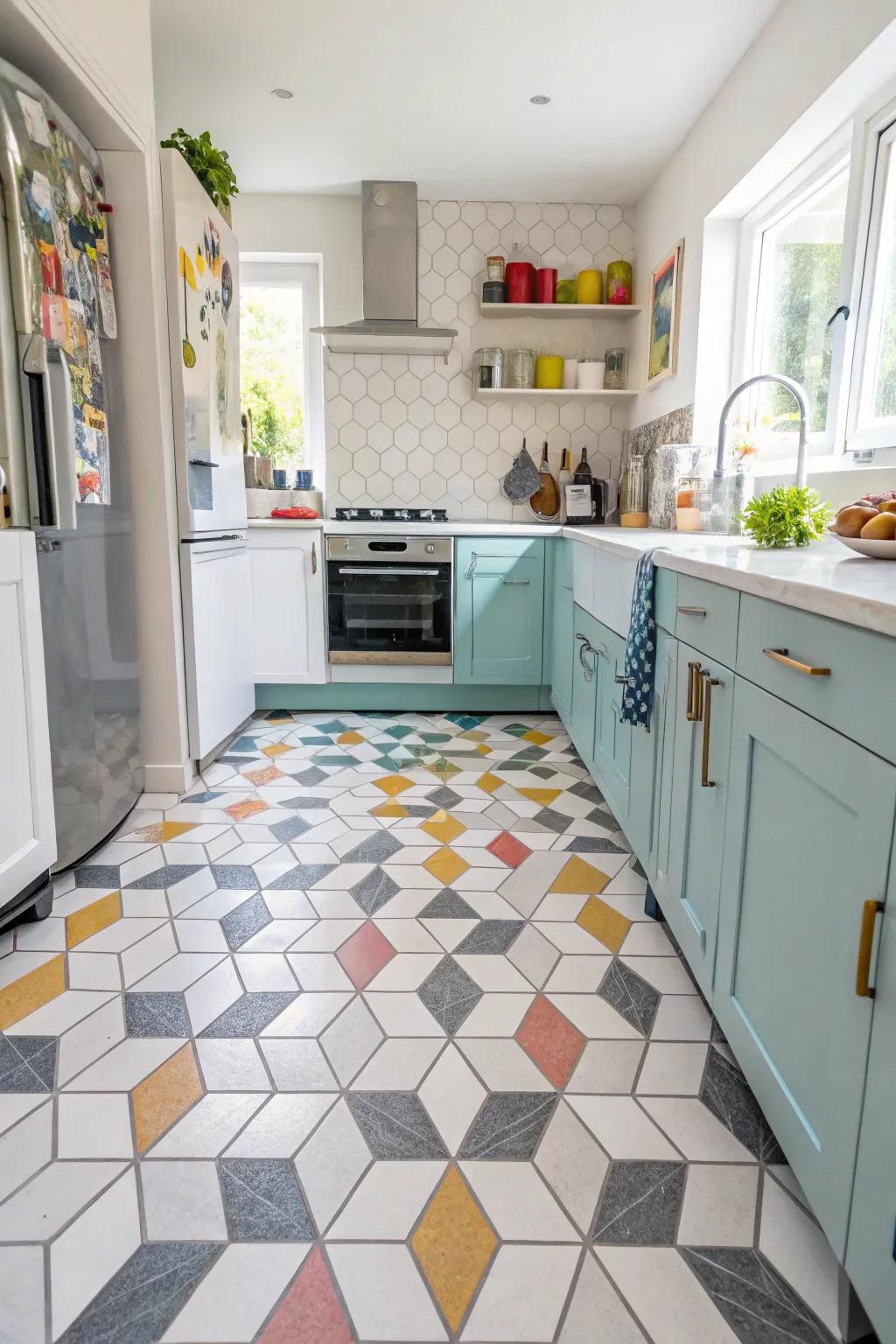 A playful kitchen showcasing vibrant geometric marble tile floors.