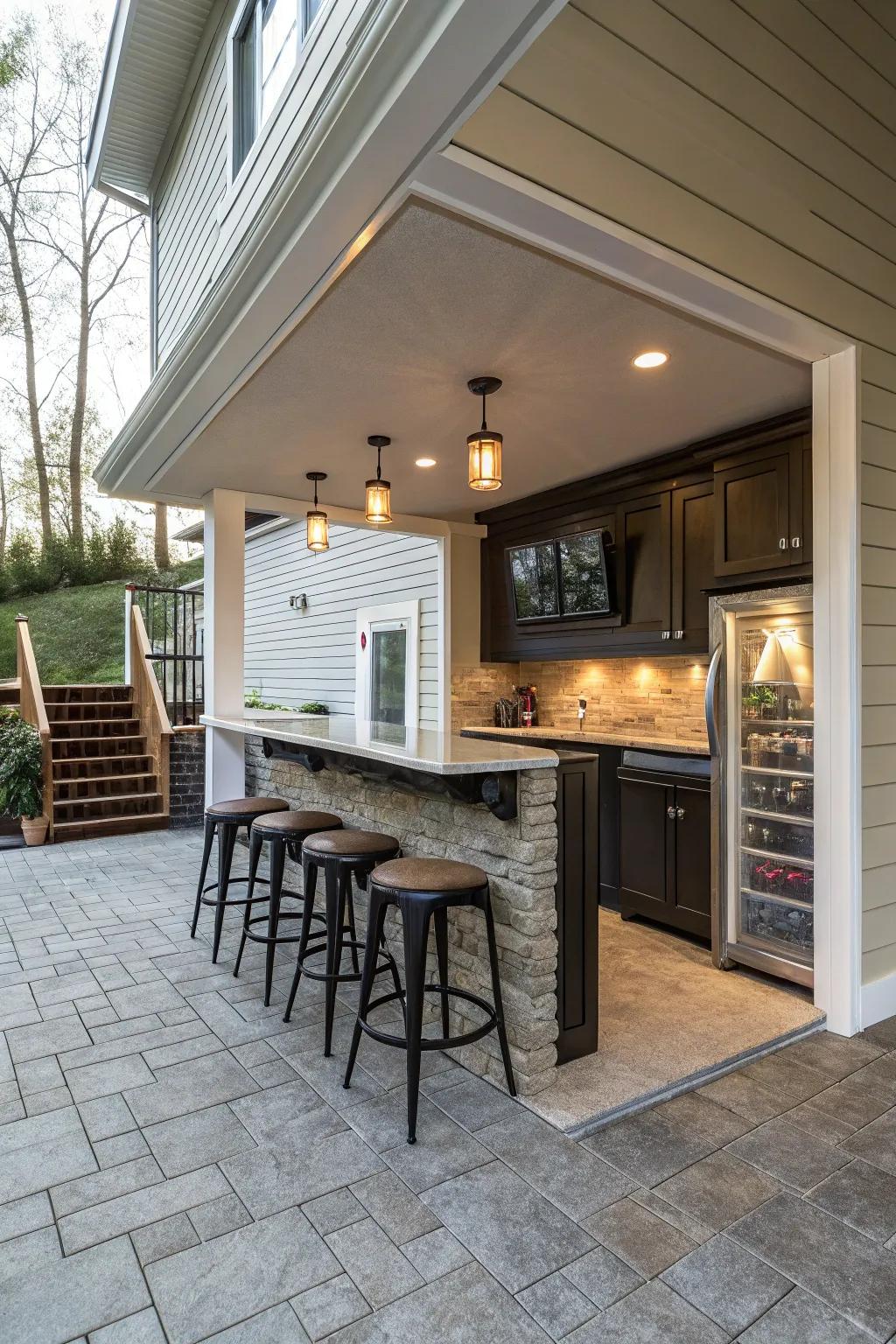 A chic bar area on a walkout basement patio, perfect for entertaining.