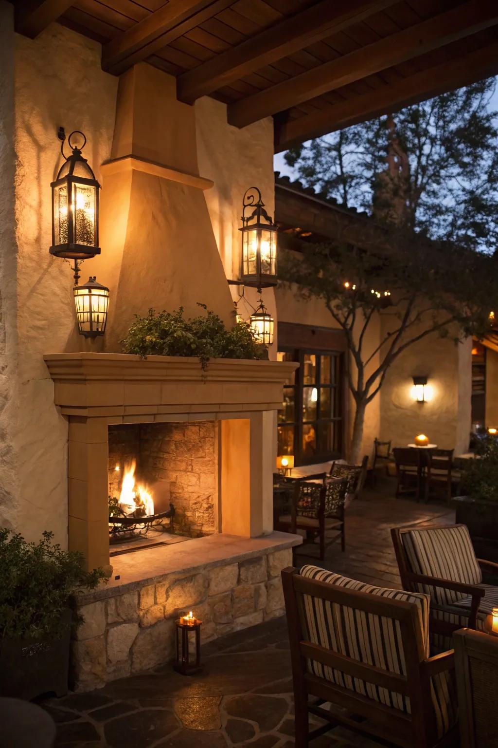 Warm lighting enhances the cozy atmosphere around the fireplace.