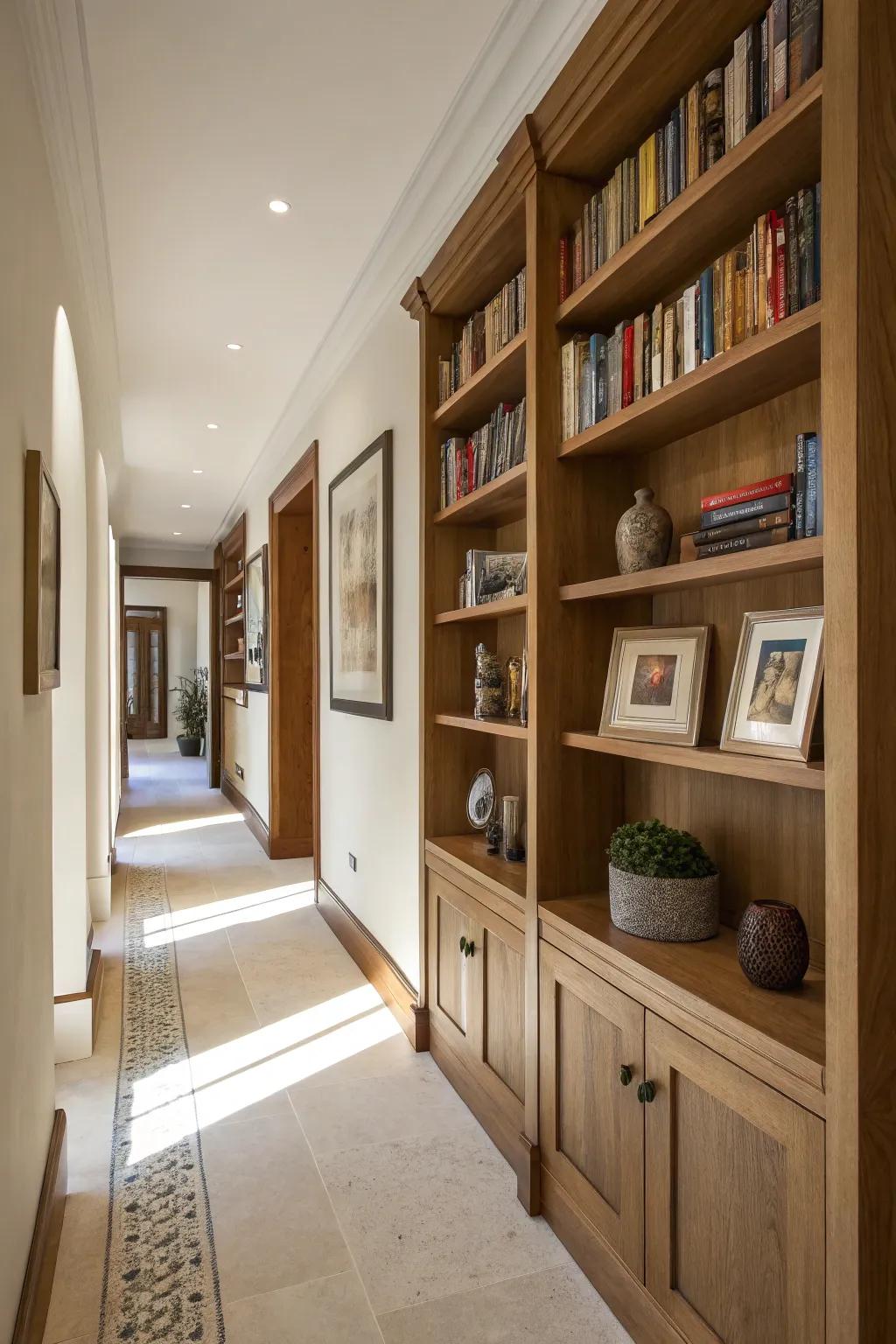 Built-in shelves in the hallway provide storage and display space for personal items.