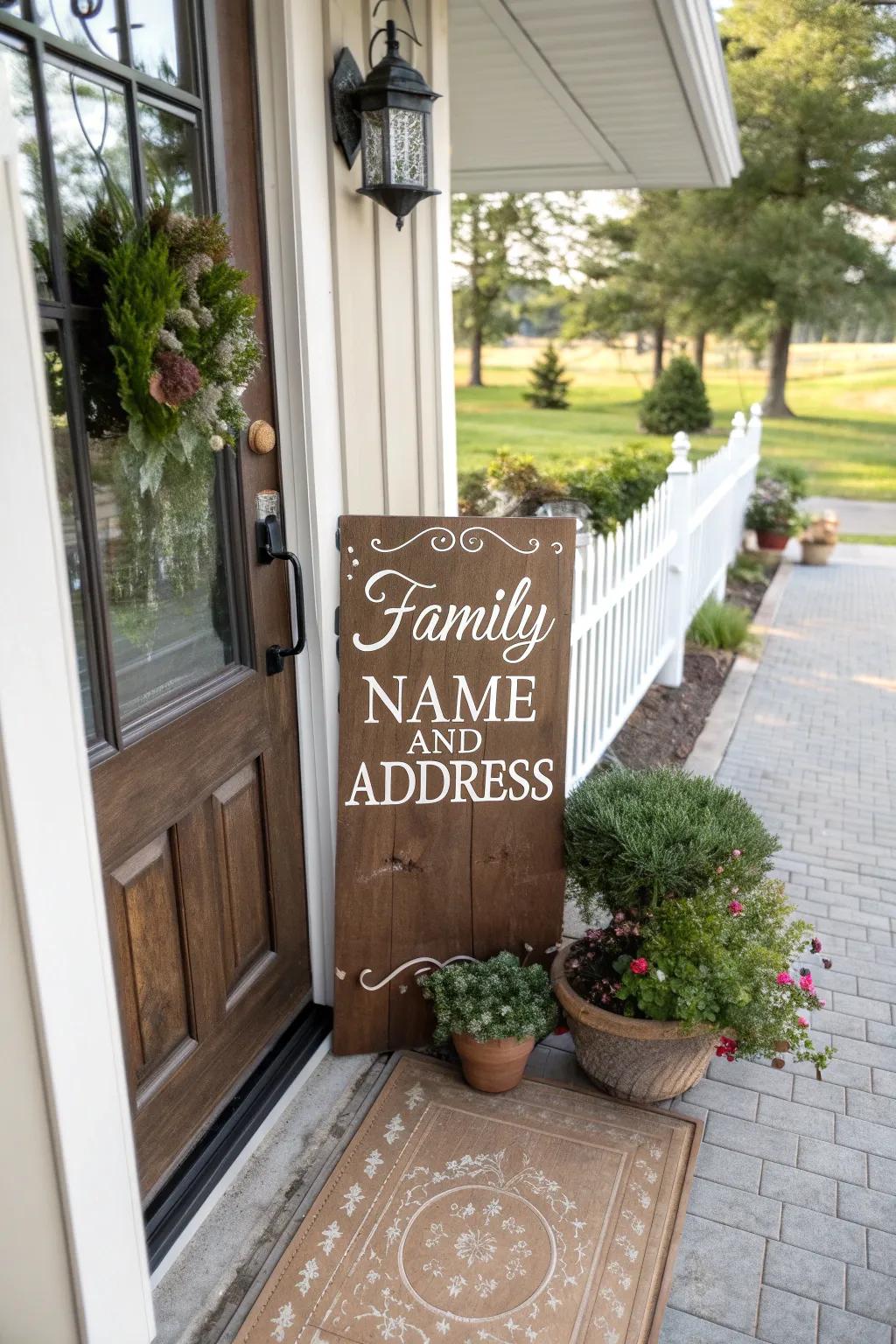 A personalized home plaque adds a welcoming touch.