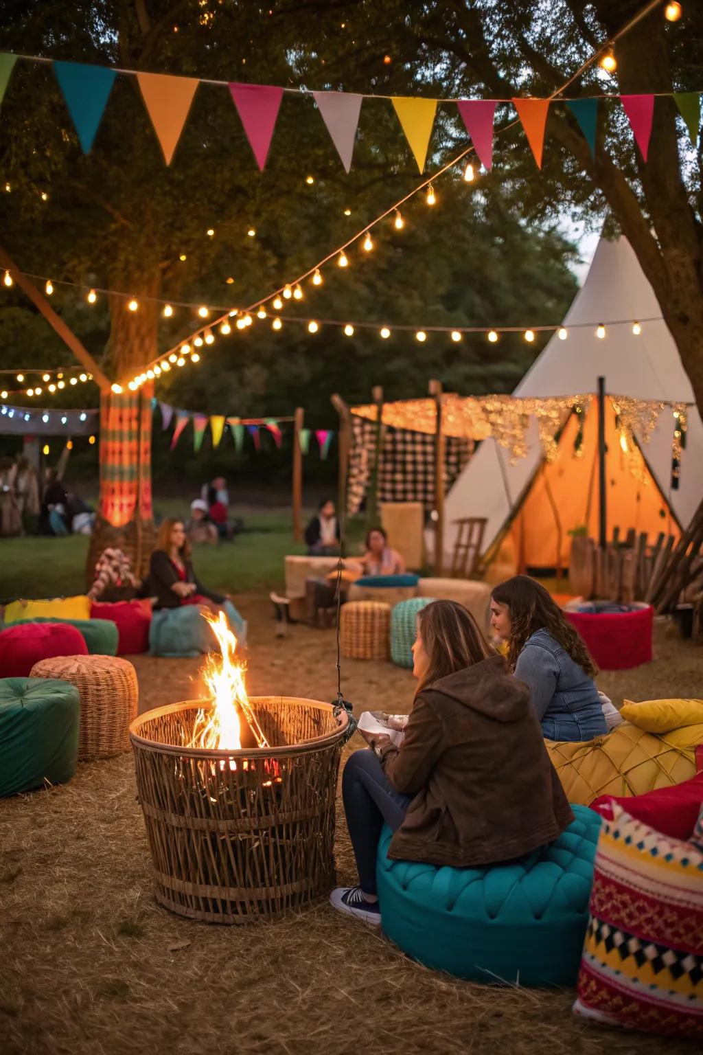 A festival vibe with a fire pit basket, perfect for lively outdoor gatherings.