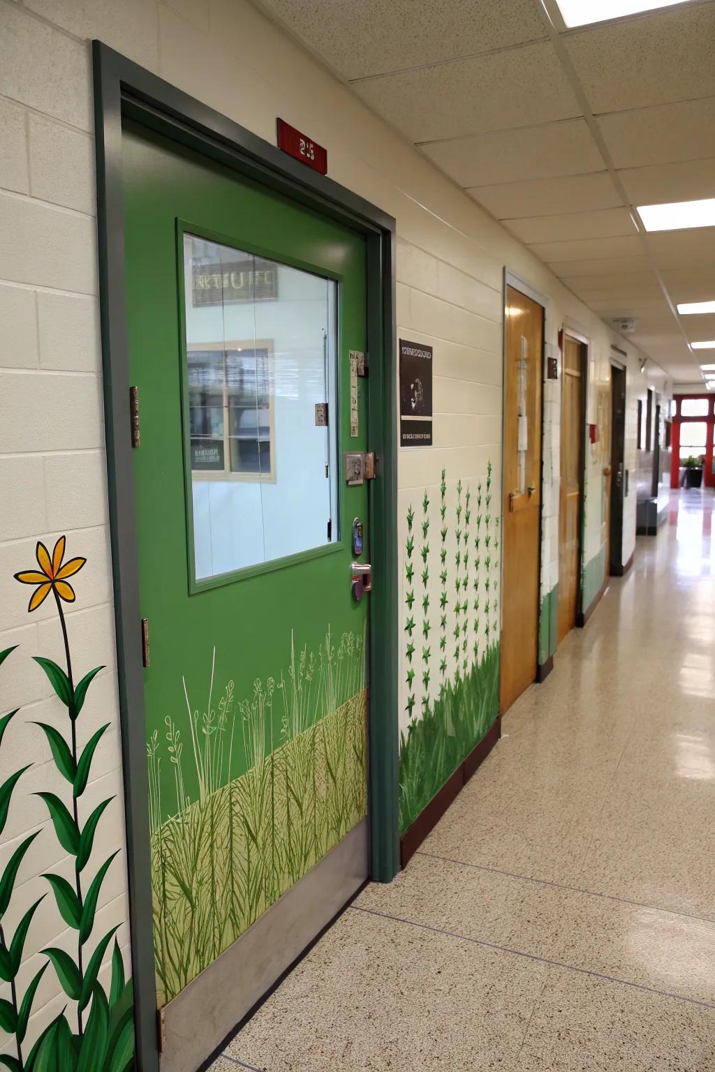 Fields and crops symbolize growth and learning on the door.