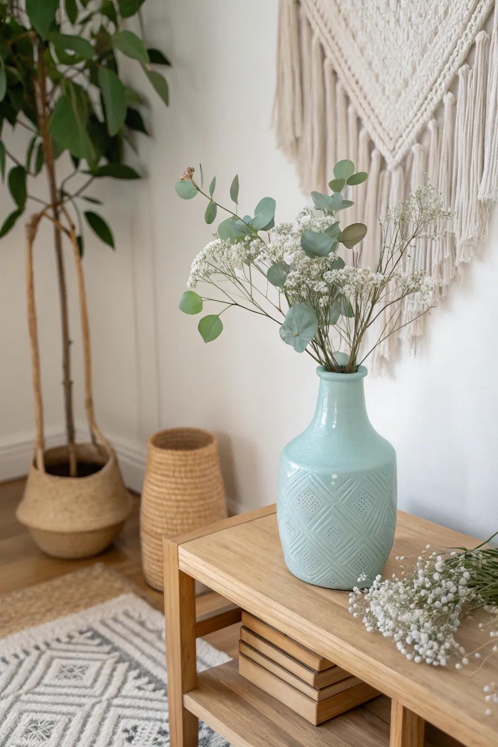 Embrace the beauty of simplicity with a pastel palette and handcrafted decor for a bright, airy room.