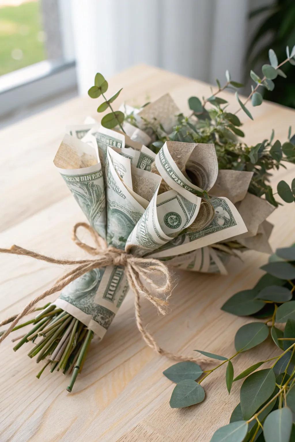 Elegance in simplicity: Discover the charm of eco-friendly twine in your money bouquet.