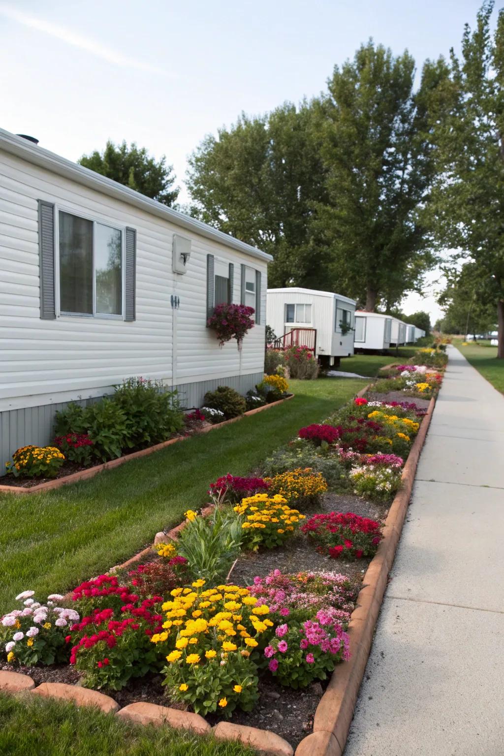 Garden beds add structure and vibrant color to your mobile home exterior.