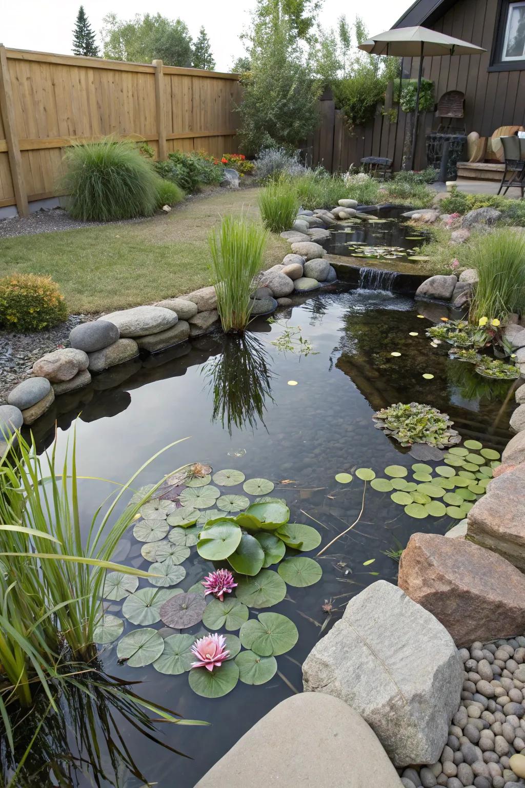 A tranquil water feature enhances the serenity of your backyard forest.