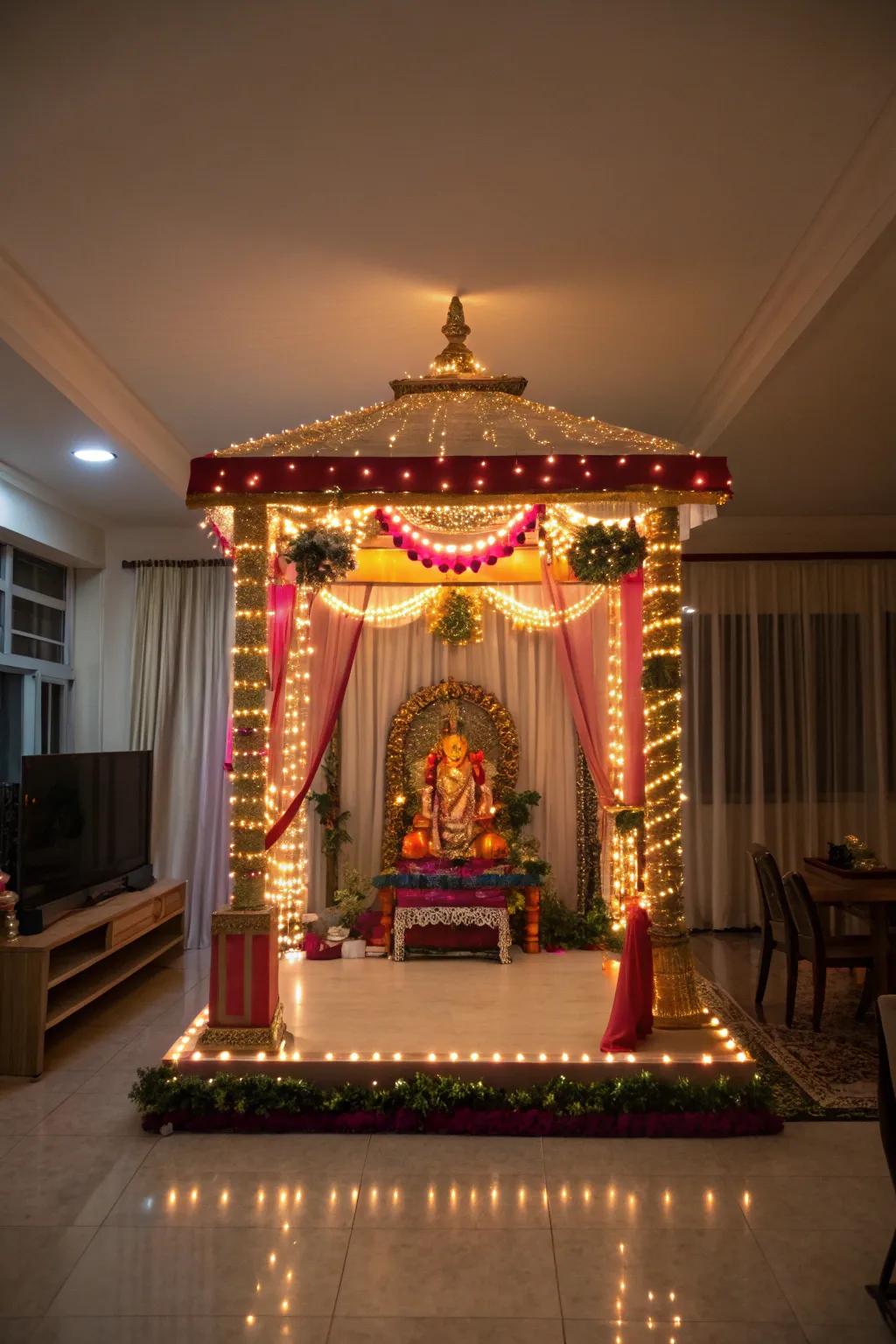 Fairy lights add a magical glow to this Ganpati mandap.