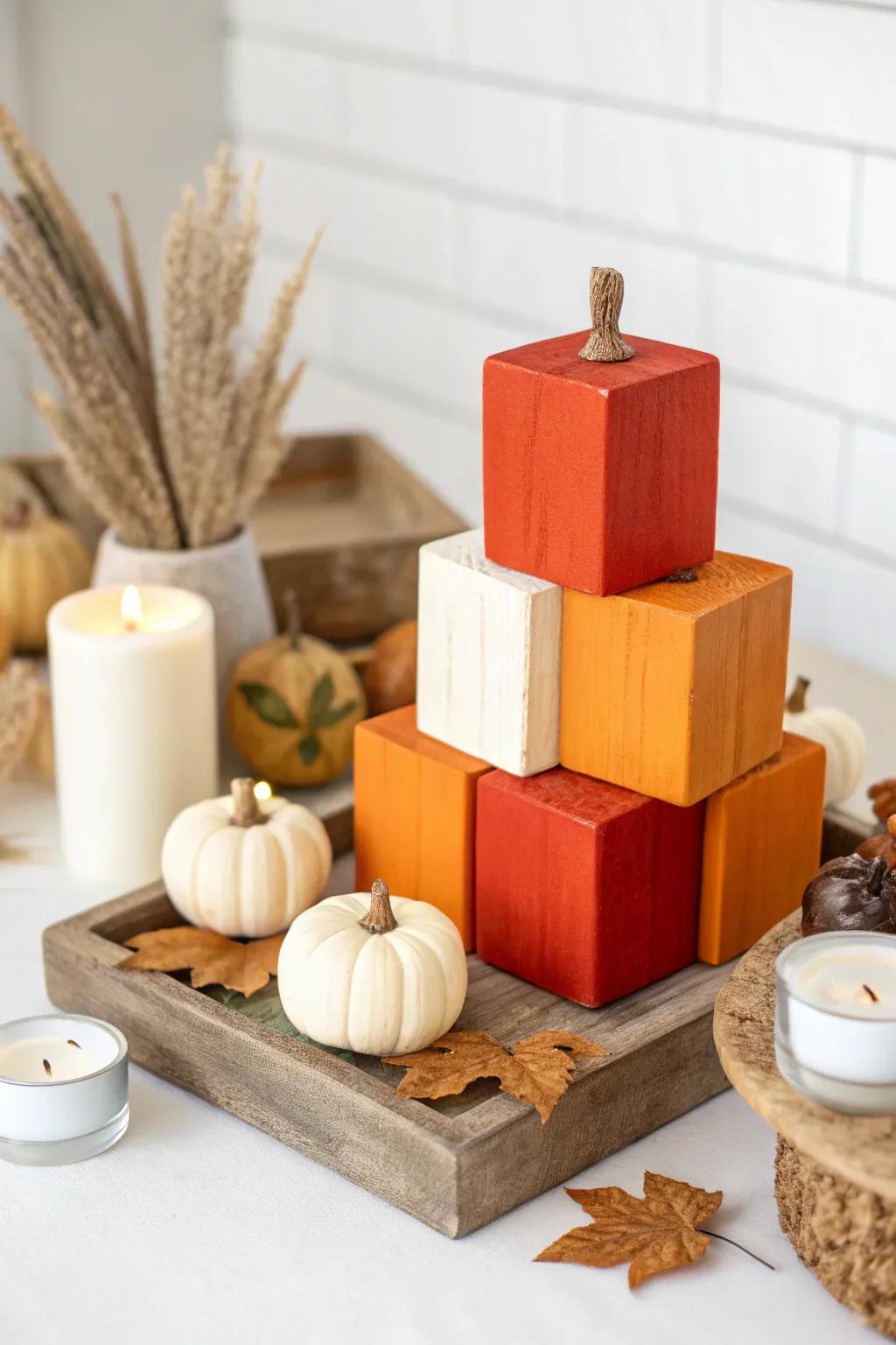 Craft your own seasonal charm with a pumpkin patch made of artistic wooden blocks!