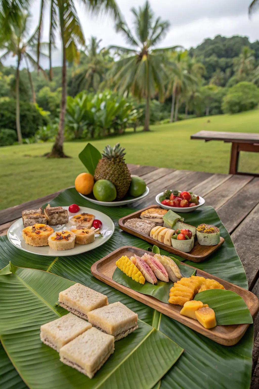 Banana leaf platters bringing an eco-friendly tropical vibe.