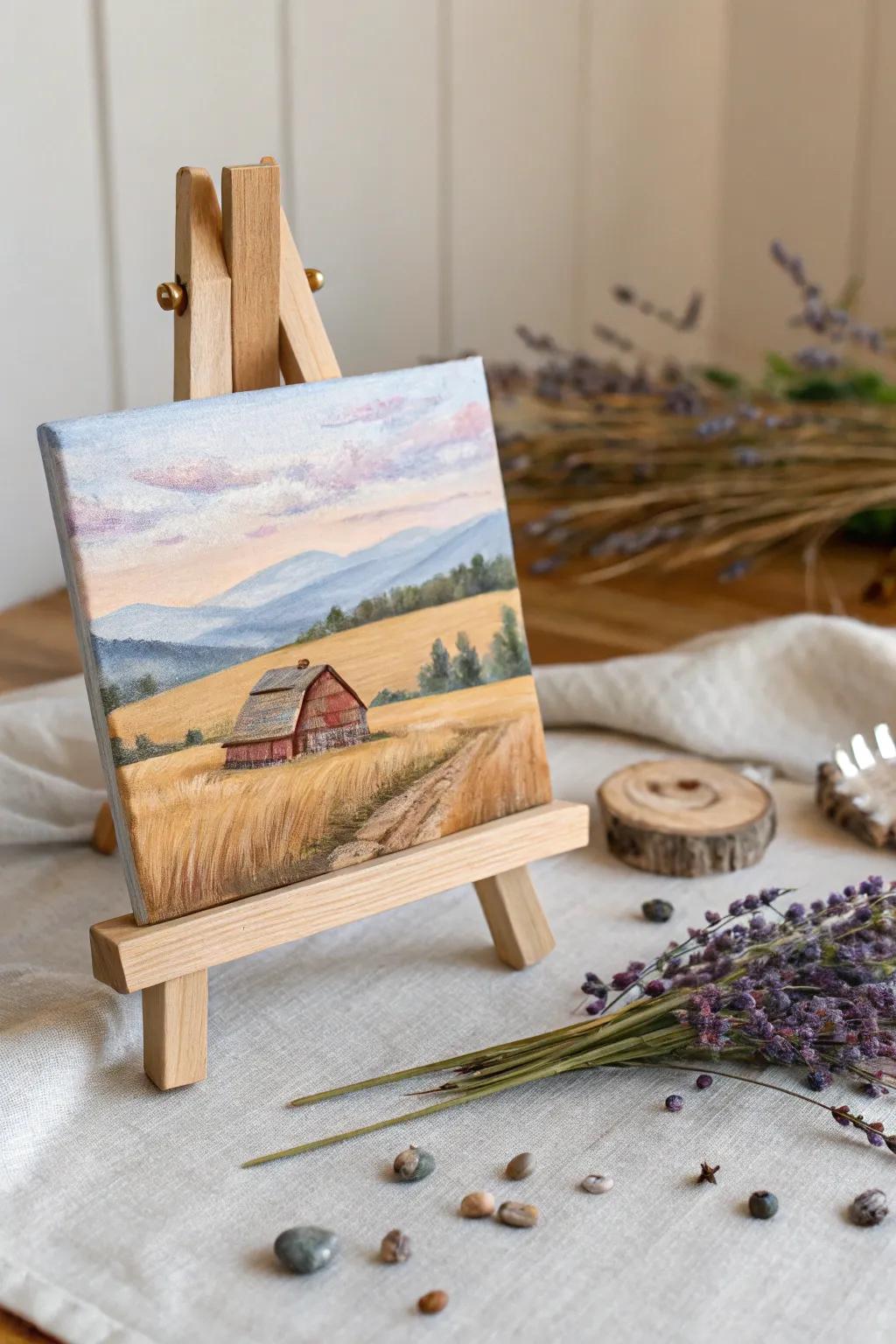 Bring the cozy allure of the countryside into your home with this charming mini canvas painting.