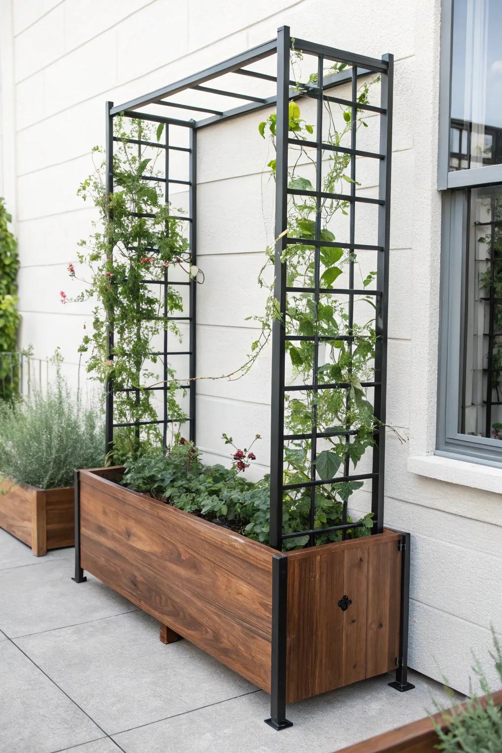 Elevate your garden with a stunning mixed media trellis that marries craftsmanship with natural beauty.
