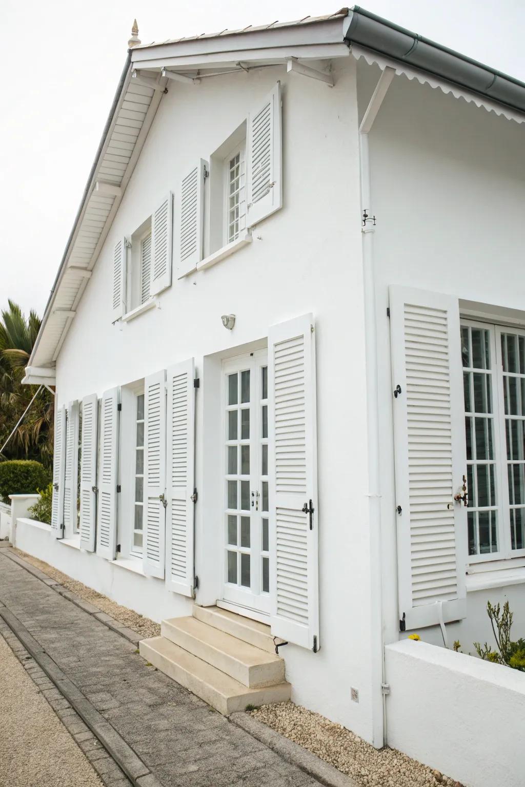 White shutters on a white house offer a modern, minimalist appeal.