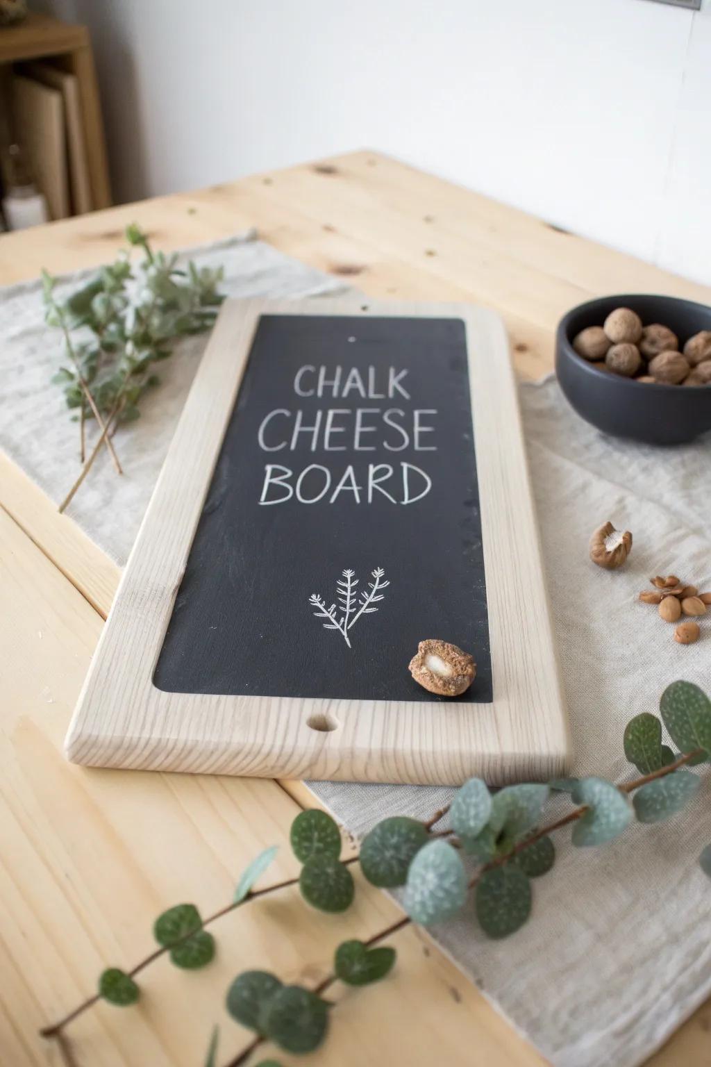 Elevate your cheese presentation with a personalized chalkboard cheese board â a perfect blend of style and functionality for your foodie gatherings.