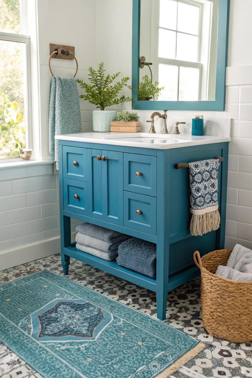 Make a bold statement with a colorful corner vanity.