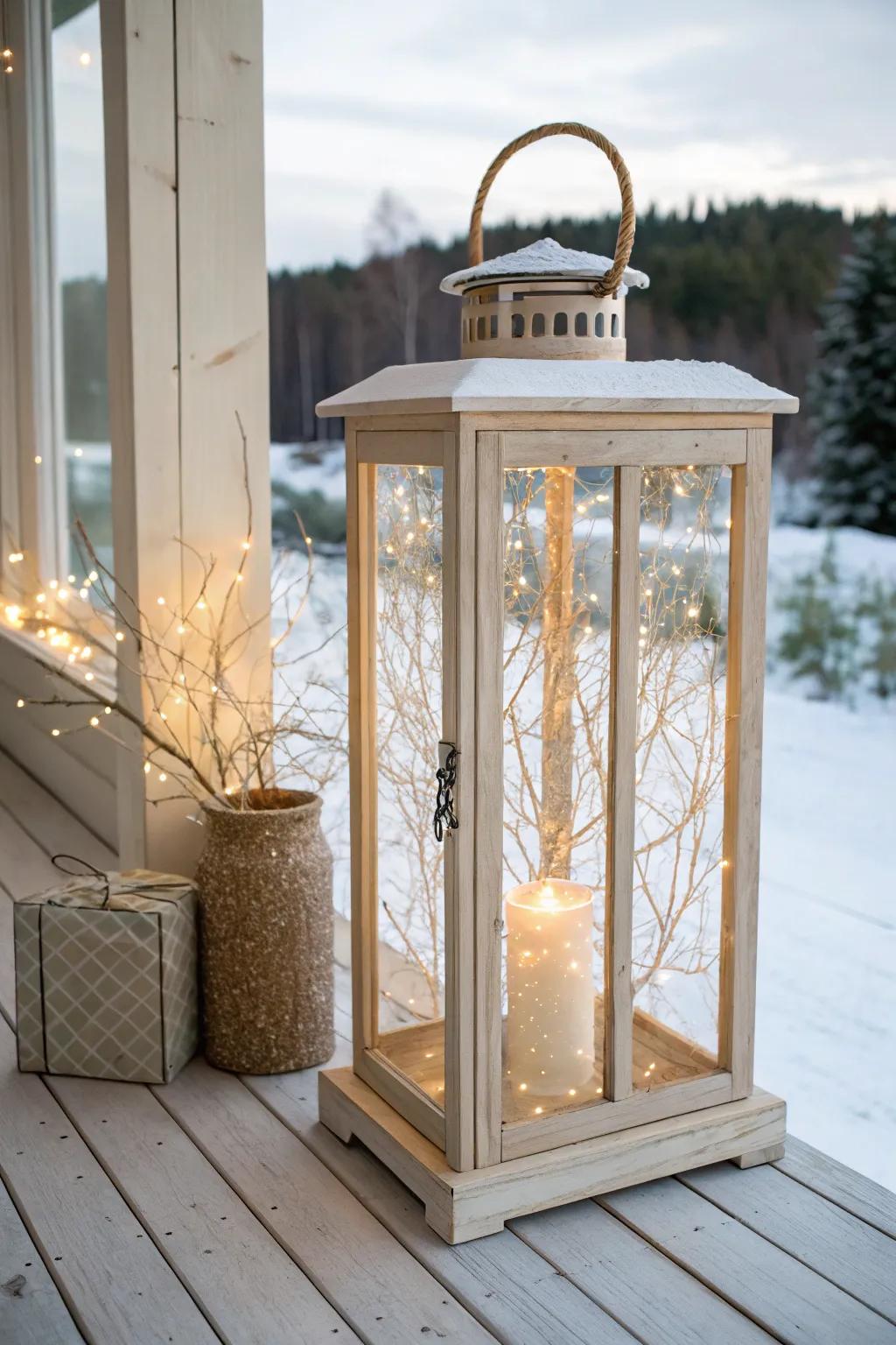 Illuminate your porch with the enchanting glow of firefly lights in a minimalist lantern, blending Scandinavian simplicity with boho charm.
