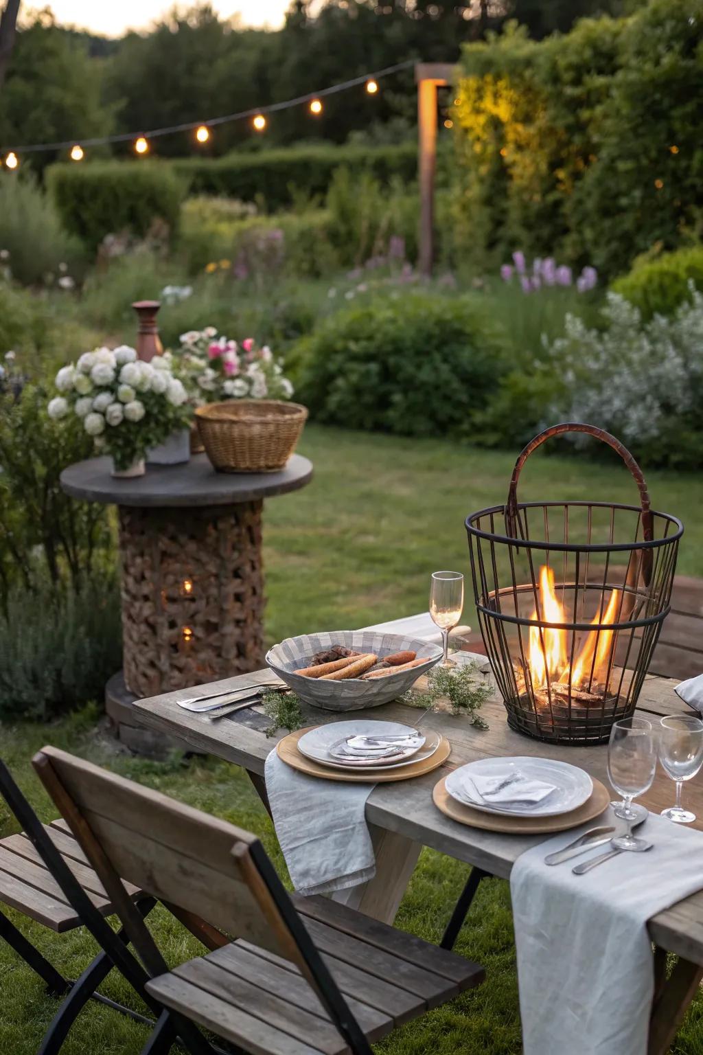A delightful al fresco dining setup with a fire pit basket, ideal for outdoor meals.