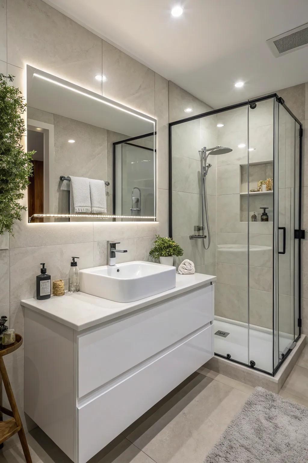 An integrated sink offers a sleek and minimalist design.