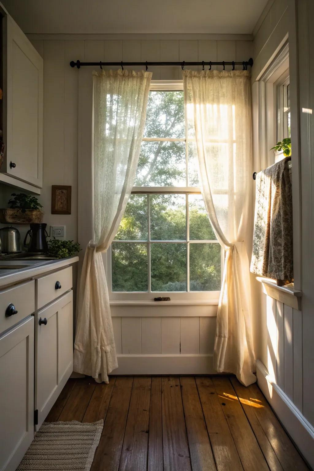 Charming cafe curtains letting in light while providing privacy.
