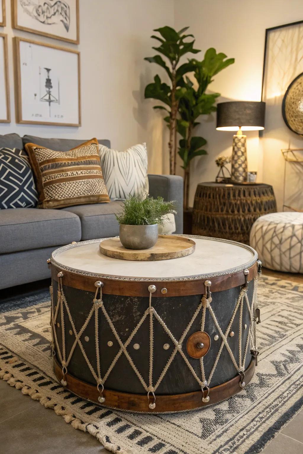 A repurposed drum brings a musical touch to the living room.