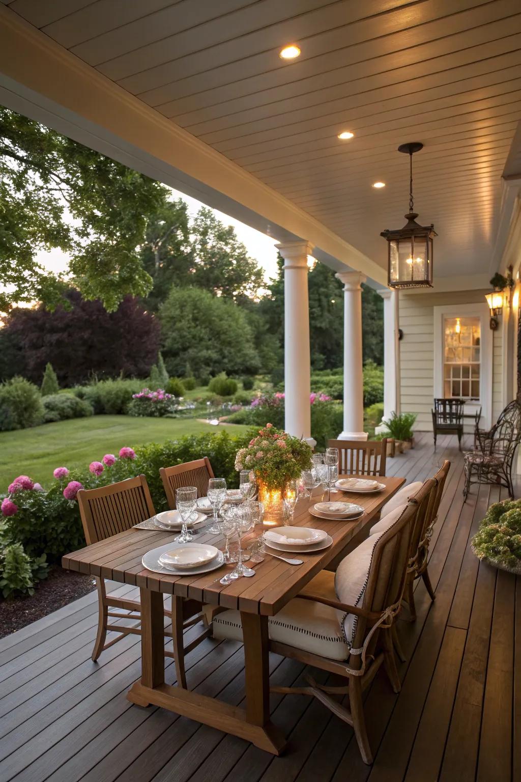 A welcoming outdoor dining area on a large front porch.
