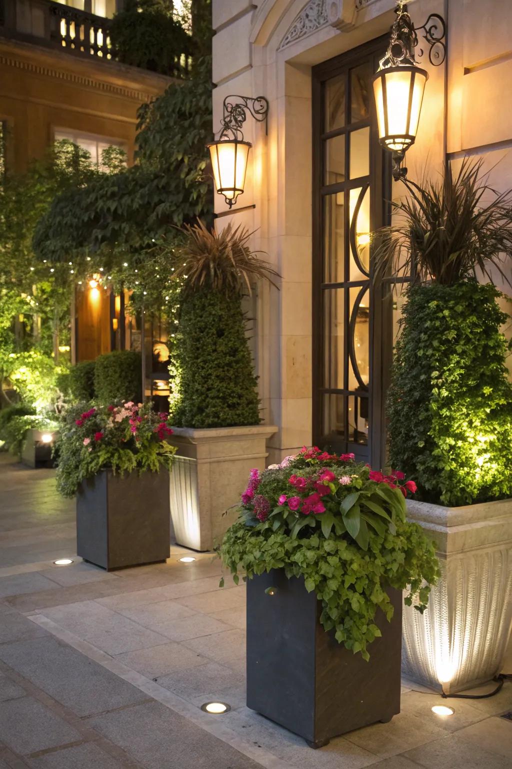 Planters with lighting creating a lush and inviting entryway.