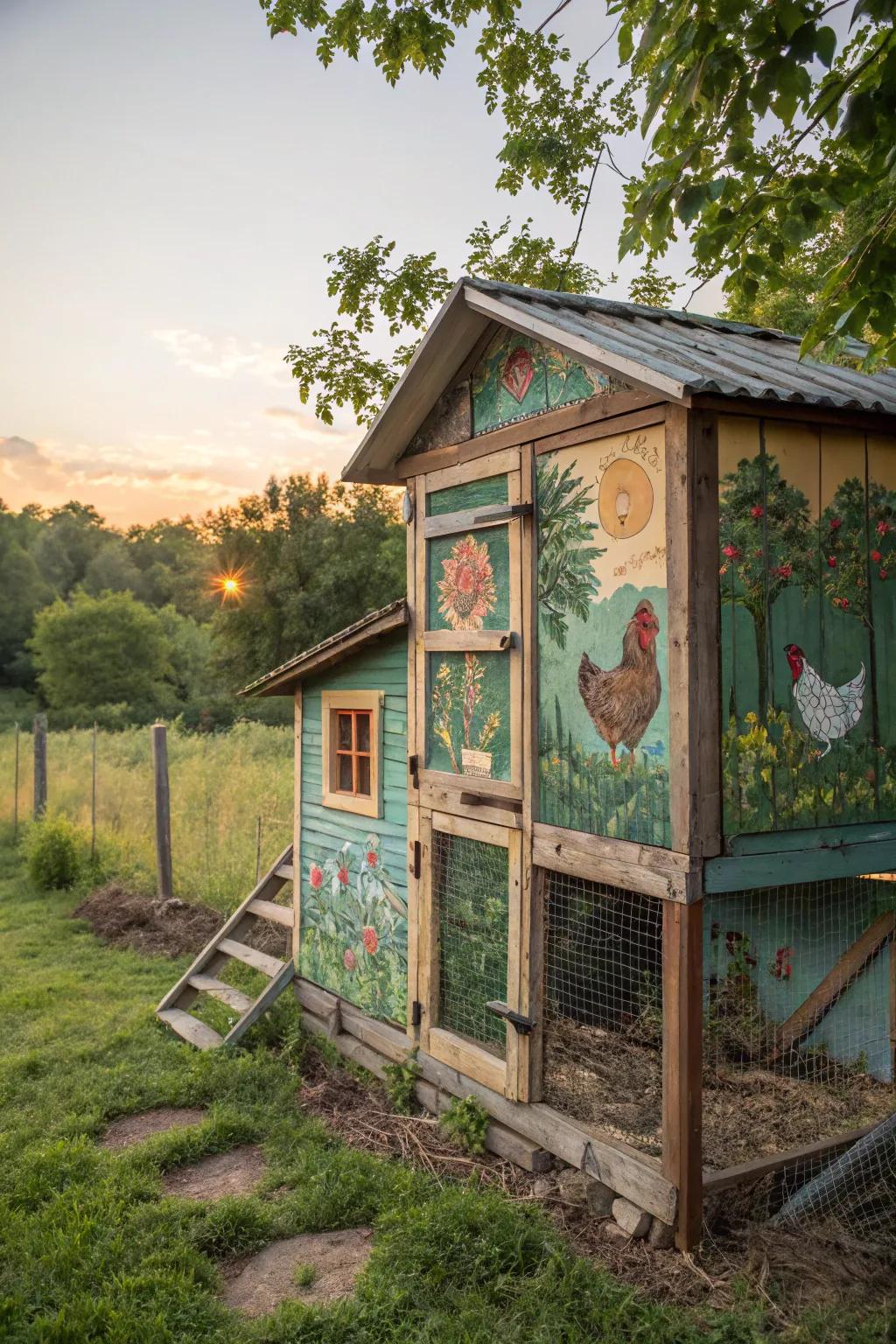 Transform your coop into a masterpiece with vibrant murals that bring life and color to your backyard.