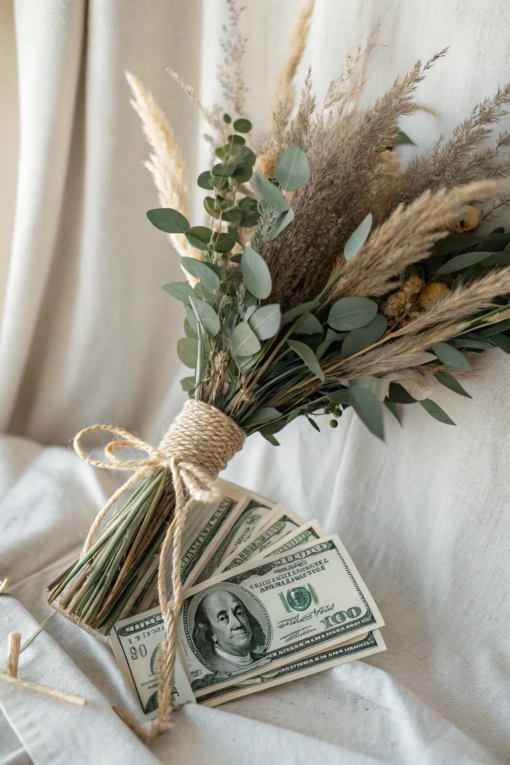 Thoughtful Elegance: A Budget-Friendly Money Bouquet with Natural Charm