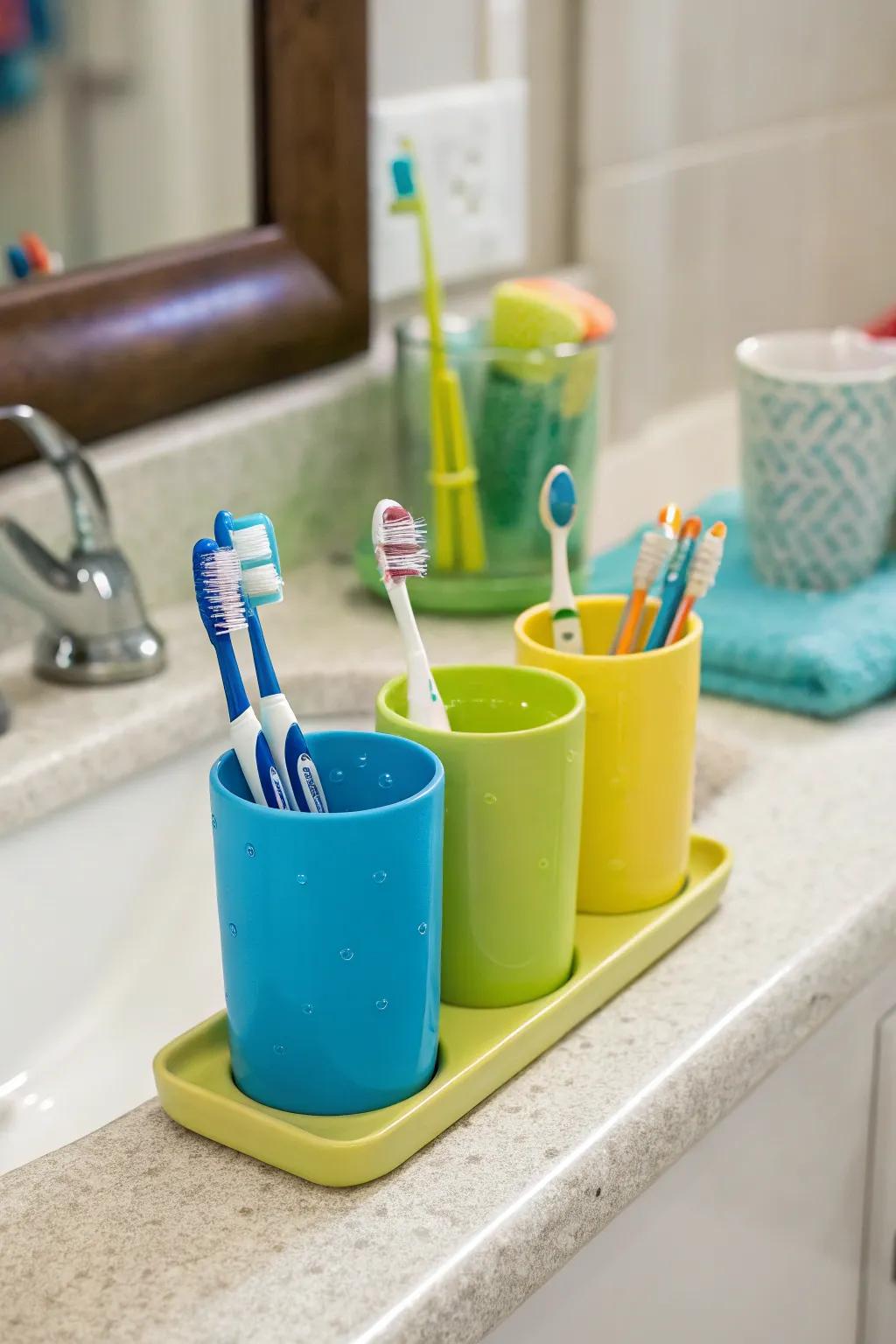 Colorful toothbrush holders keep the bathroom organized and vibrant.