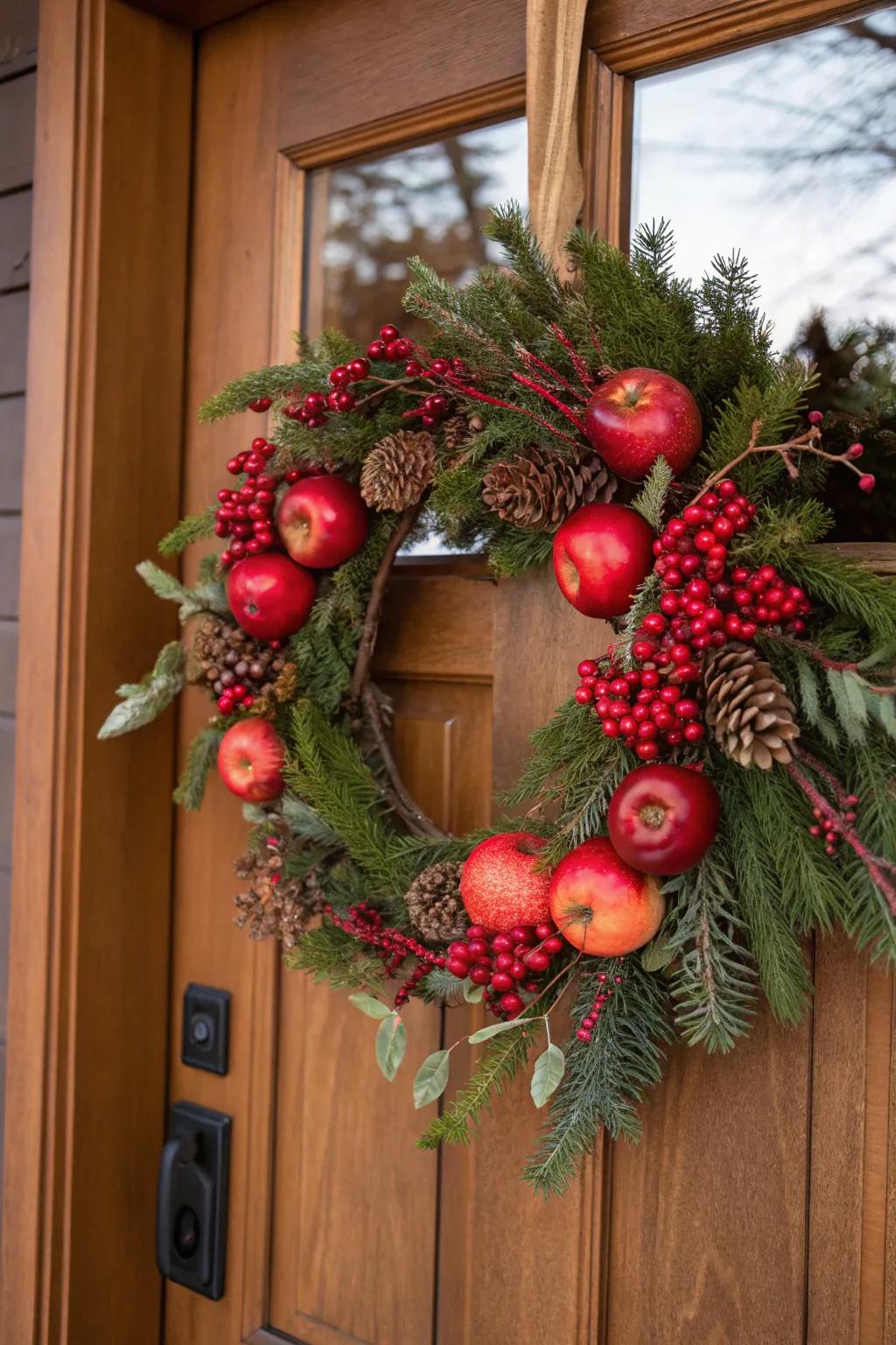 A cozy fruit wreath perfect for seasonal festivities.