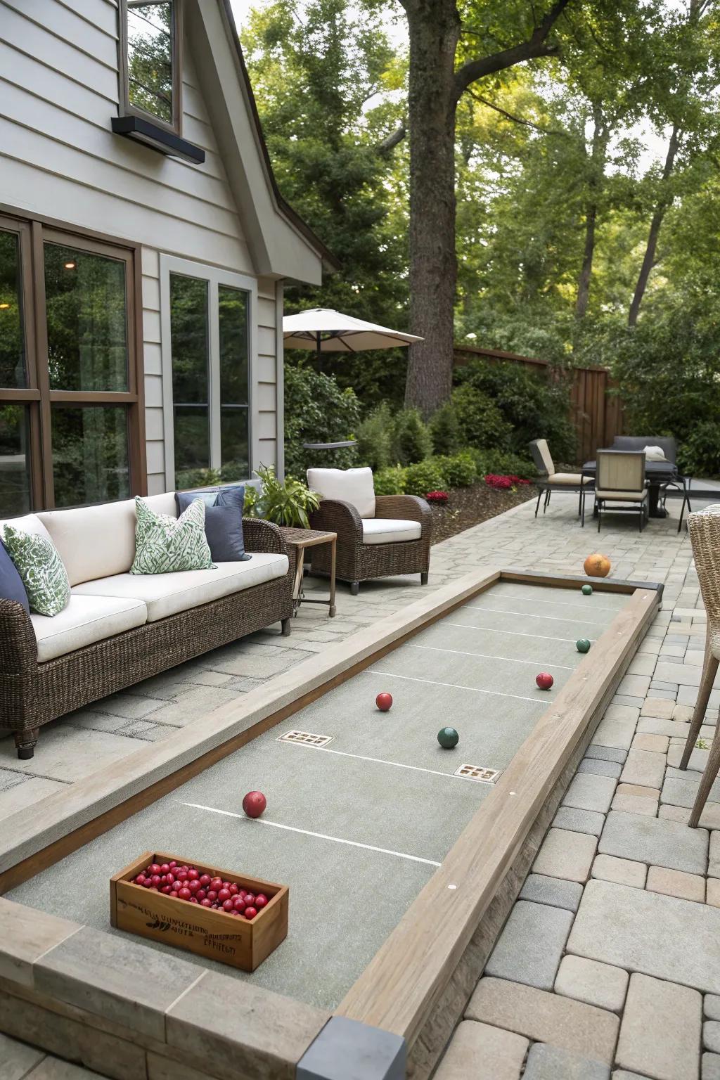 A lively game area on a walkout basement patio.