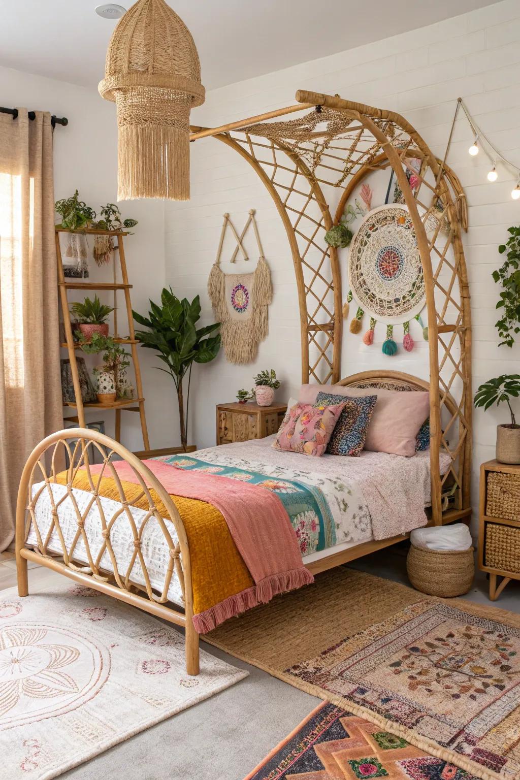 A unique bed frame sets the tone for a relaxed boho atmosphere.