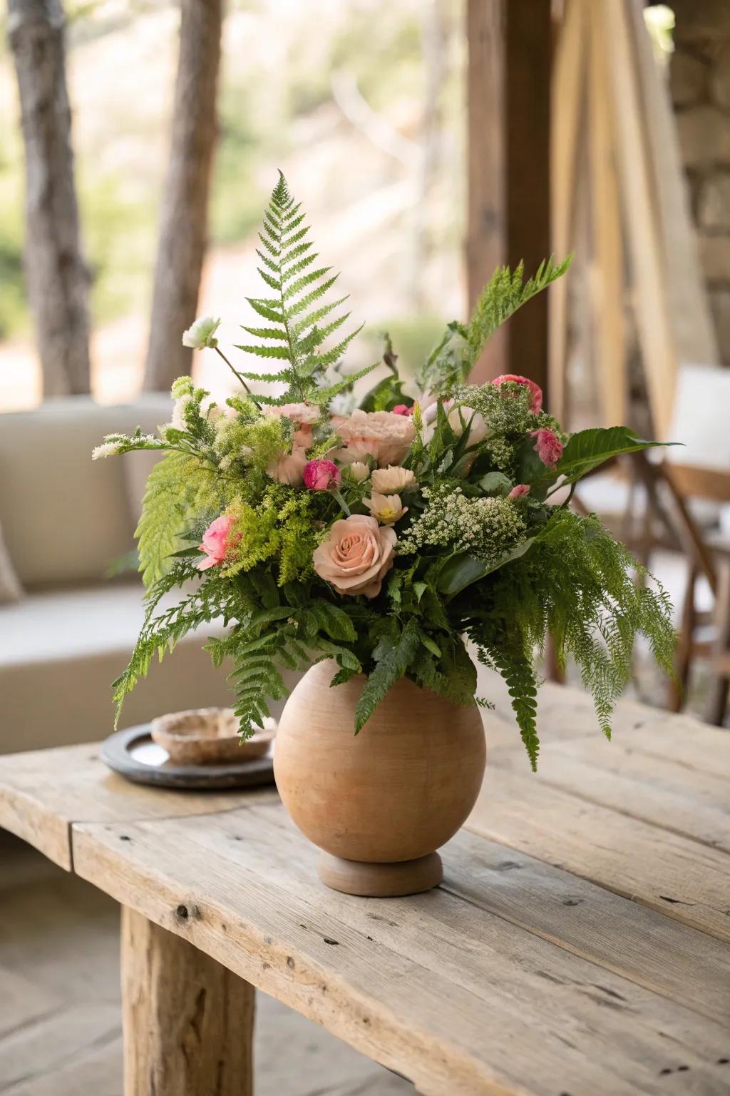 Bring the charm of an enchanted forest to your table with this fern and flower centerpiece.