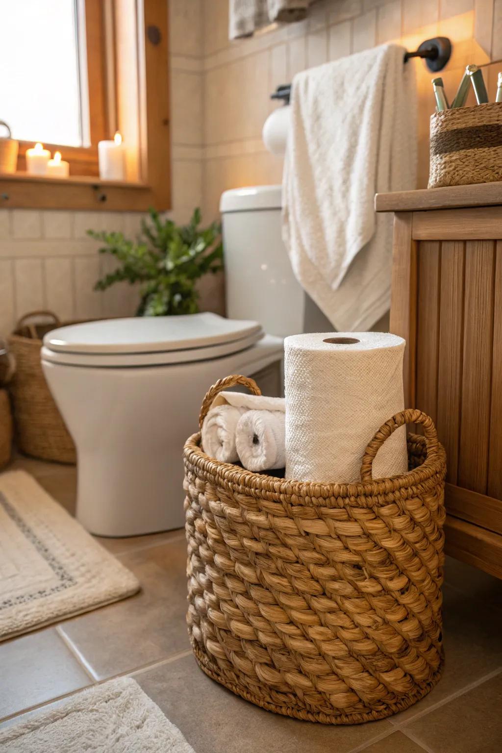 Woven baskets add texture and warmth to any bathroom setting.